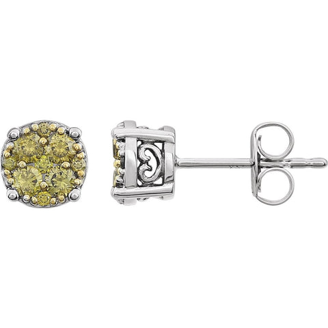 14k White Gold 3/8 CTW Yellow Diamond Cluster Earrings