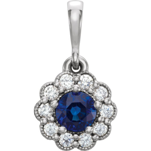 14k White Gold Blue Sapphire & 1/6 CTW Diamond Pendant