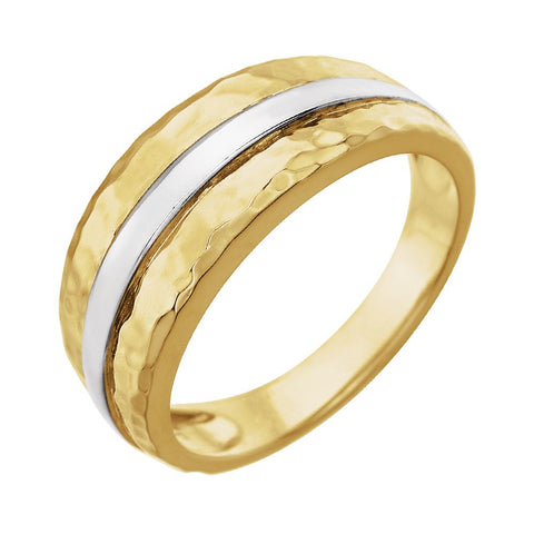 14K Yellow & White Banded Hammered Ring, Size 7