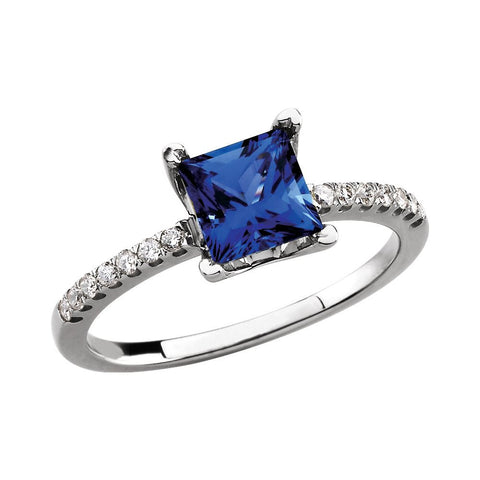14k White Gold Chatham® Created Sapphire & 1/6 CTW Diamond Ring, Size 7