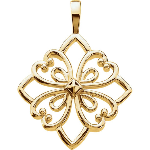 14k Yellow Gold Diamond-Shape Heart Design Filigree Pendant