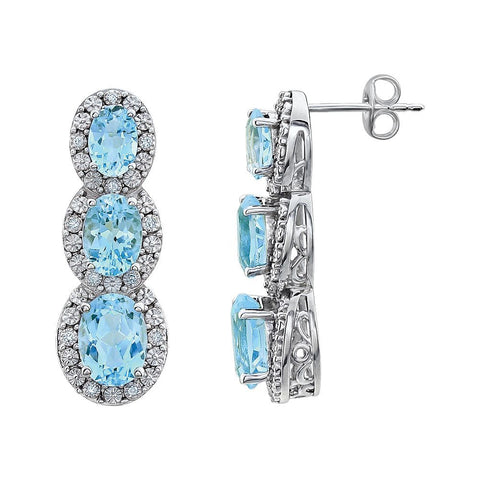 14K White Gold Sky Blue Topaz & 0.07 CTW Diamond 3-Stone Earrings