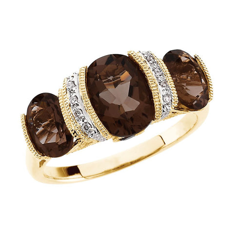 14k Yellow Gold Smoky Quartz & Diamond Accented Granulated Design Ring, Size 7