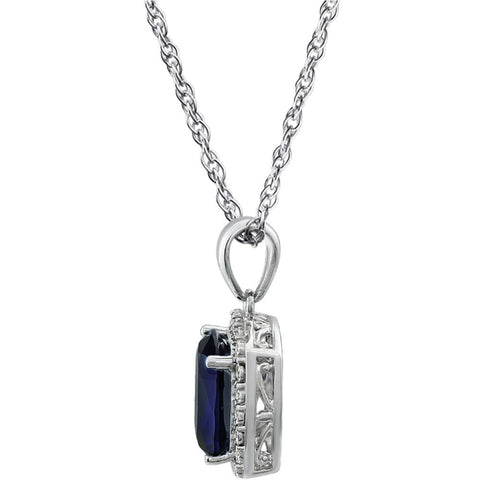 14k White Gold Created Blue Sapphire & .05 CTW Diamond Necklace