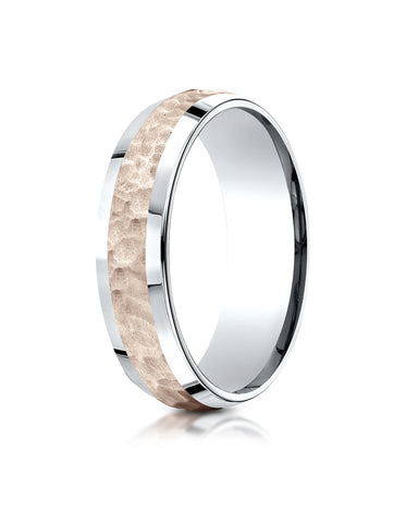 Benchmark 14k Two-Toned Gold 6mm Comfort-Fit Hammer Finish Beveled Edge Design Band, (Sizes 6-13)