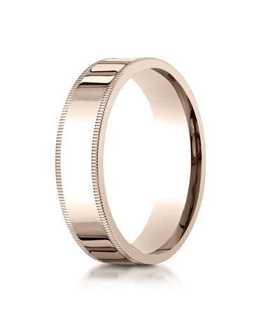 Benchmark 14K Rose Gold 6mm Flat Comfort-Fit Wedding Band Ring with Milgrain (Sizes 4 - 15 )