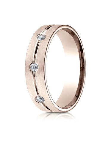 Benchmark 14K Rose Gold 6mm Comfort-Fit Etched Burnish Set 3-Stone Channel Set Diamond Ring (0.18 ct.)
