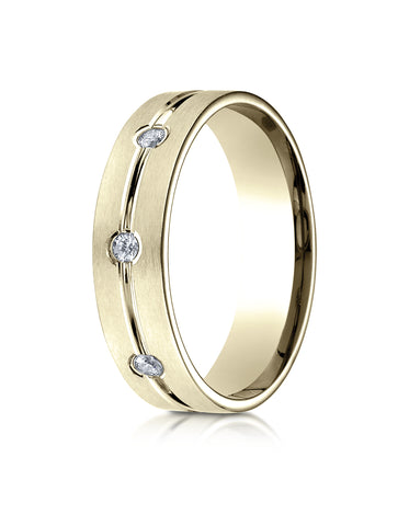 Benchmark 14K Yellow Gold 6mm Comfort-Fit Etched Burnish Set 3-Stone Channel Set Diamond Ring (0.18 ct.)