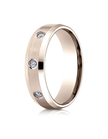 Benchmark 14K Rose Gold 6mm Comfort-Fit Satin Center Burnish Set 3-Stone Diamond Band Ring (0.18 ct.)