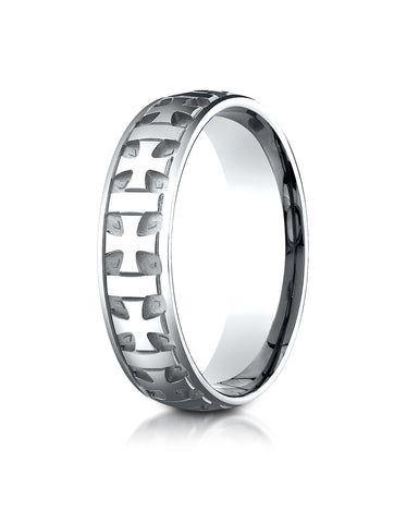 Benchmark 18K White Gold 6mm Comfort-Fit Gaelic Cross Carved Design Wedding Band Ring (Sizes 4 - 15 )