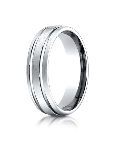 Benchmark 14K White Gold 6mm Comfort-Fit Satin-Finished with Parallel Grooves Carved Design Wedding Band