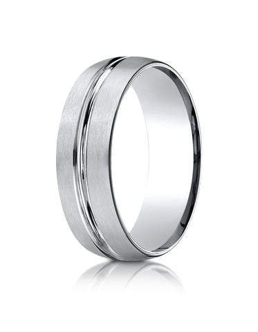 Benchmark Platinum 7mm Comfort-Fit Satin-Finish with High Polished Center Cut Carved Design Band ( 4-15)