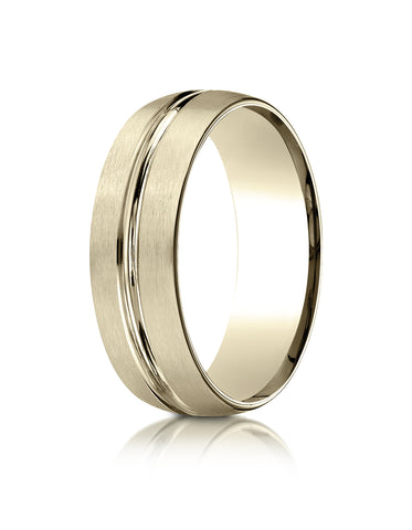 Benchmark 14k Yellow Gold 7mm Comfort-Fit Satin-Finish w/ High Polish Center Cut Carved Design Band,(4-15)