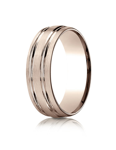 Benchmark 14K Rose Gold 7mm Comfort-Fit Satin-Finished w/ Parallel Grooves Carved Design Band, (4-15)