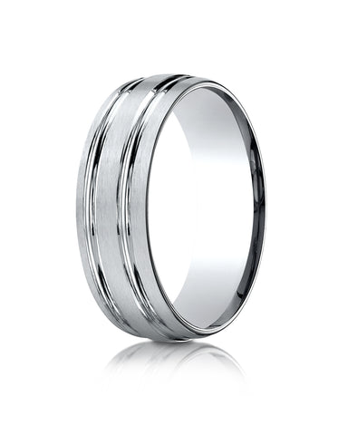 Benchmark 10k White Gold 7mm Comfort-Fit Satin-Finished w/ Parallel Grooves Carved Design Band (Sizes 4-15)