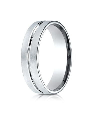 Benchmark 18K White Gold 6mm Comfort-Fit Satin-Finished with High Polished Center Cut Carved Design Ring