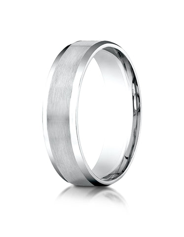 Benchmark 18K White Gold 6mm Comfort-Fit Satin-Finished with High Polish Beveled Edge Carved Design Ring