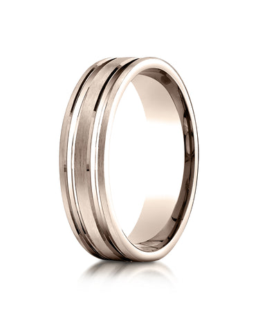 Benchmark 14K Rose Gold 6mm Comfort-Fit Satin-Finished with Parallel Grooves Carved Design Wedding Band