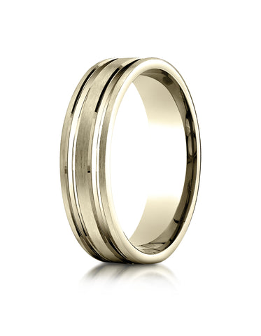 Benchmark 10K Yellow Gold 6mm Comfort-Fit Satin-Finished w/  Parallel Grooves Carved Design Wedding Band