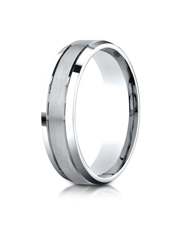 Benchmark 14K White Gold 6mm Comfort-Fit Satin-Finished High Polished Beveled Edge Carved Design Ring