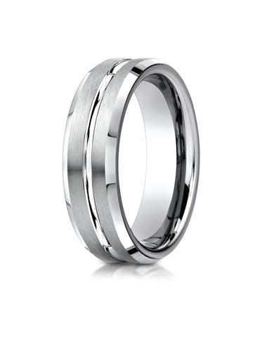 Benchmark 18K White Gold 6mm Comfort-Fit Satin-Finished w/  High Polished Cut Carved Design Wedding Band