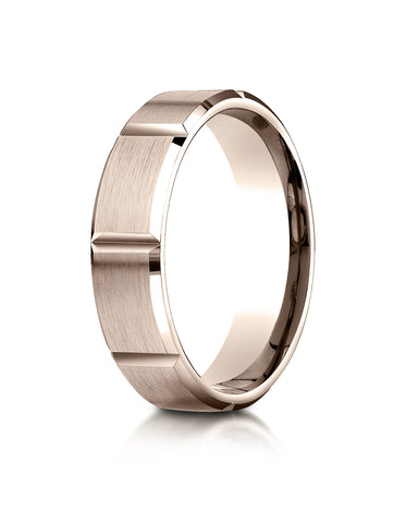 Benchmark 14K Rose Gold 6mm Comfort-Fit Satin-Finished Grooves Carved Design Wedding Band Ring