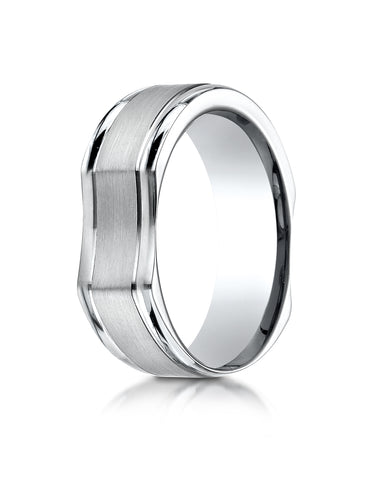 Benchmark 14K White Gold 7mm Ergonomic Comfort-Fit Satin Finish w/  High Polish Edge Design Wedding Band