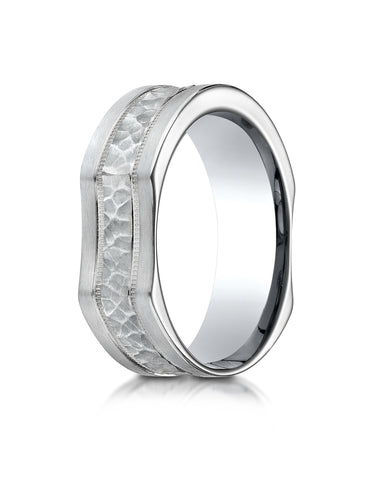 Benchmark 14K White Gold 7mm Ergonomic Comfort-Fit Hammered Finish w/ High Polish Edge Wedding Band Ring