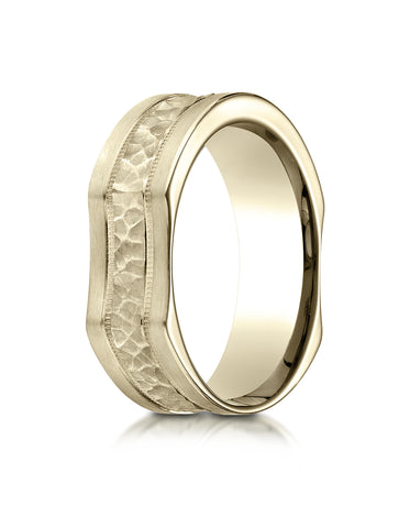 Benchmark 14K Yellow Gold 7mm Ergonomic Comfort-Fit Hammered Finish w/ High Polish Edge Wedding Ring