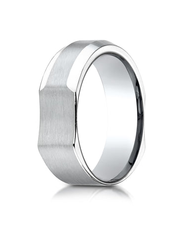 Benchmark 14K White Gold 7mm Ergonomic Comfort-Fit Satin Finish w/  High Polish Beveled Edge Design Ring