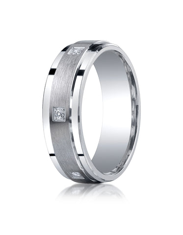 Benchmark Argentium Silver 7mm Comfort-Fit Pave Set 6-Stone Diamond Design Wedding Band Ring (0.12 cttw)