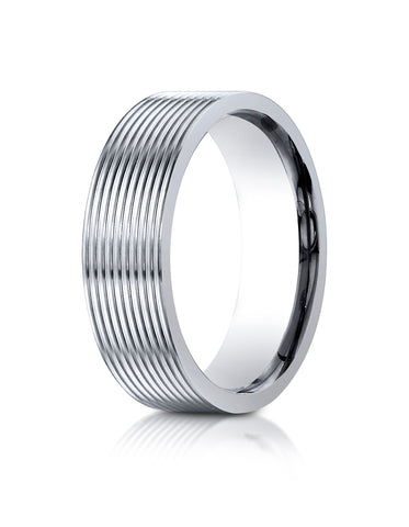 Benchmark 14K White Gold 7mm Comfort-Fit Satin-Finished with Threaded Pattern Carved Design Wedding Band