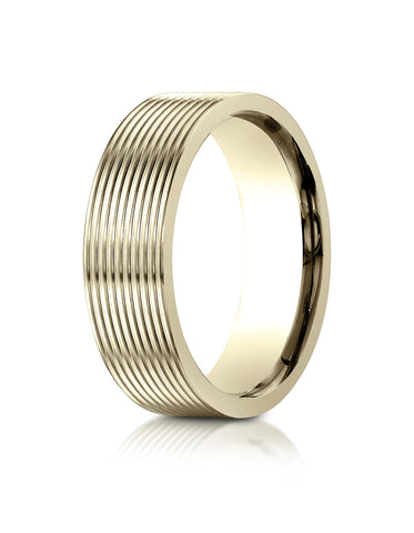 Benchmark 14K Yellow Gold 7mm Comfort-Fit Satin-Finished w/  Threaded Pattern Carved Design Wedding Band
