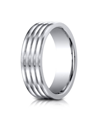 Benchmark Cobaltchrome 7 mm Comfort-Fit Satin-Finished 4-Roll Design Wedding Band Ring, (Sizes 6 - 14)