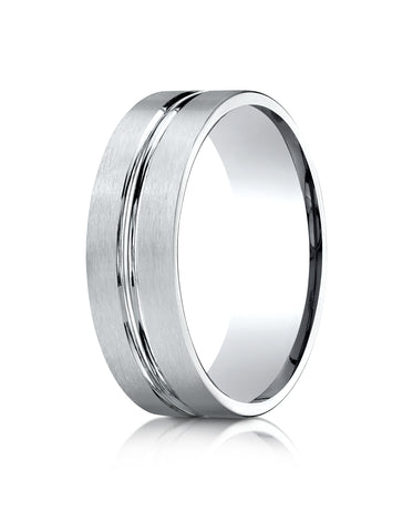Benchmark 10k White Gold 7mm Comfort-Fit Satin-Finished w/ High Polish Center Cut Carved Design Band