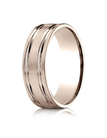 Benchmark 14k Rose Gold 7mm Comfort-Fit Satin-Finished w/ Parallel Grooves Carved Design Band, (4-15)