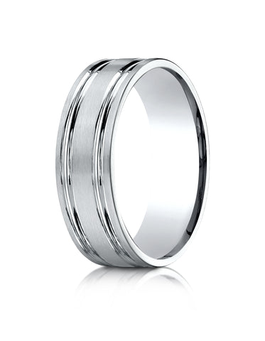 Benchmark 18k White Gold 7mm Comfort-Fit Satin-Finished w/ Parallel Grooves Carved Design Band (Sizes 4-15)