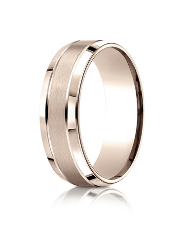 Benchmark 14k Rose Gold 7mm Comfort-Fit Satin-Finished High Polish Beveled Edge Carved Design Band, (4-15)