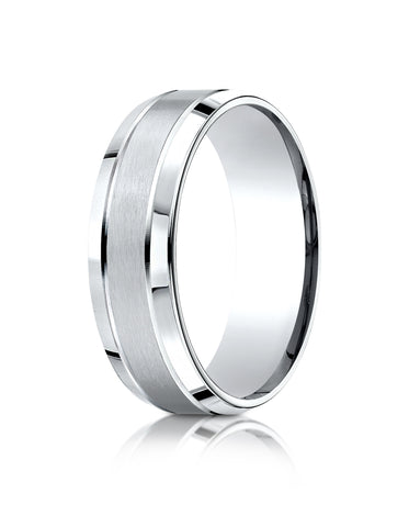 Benchmark Platinum 7mm Comfort-Fit Satin-Finished High Polished Beveled Edge Carved Design Band, (4-15)