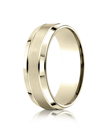 Benchmark 10k Yellow Gold 7mm Comfort-Fit Satin-Finished High Polish Beveled Edge Carved Design Band