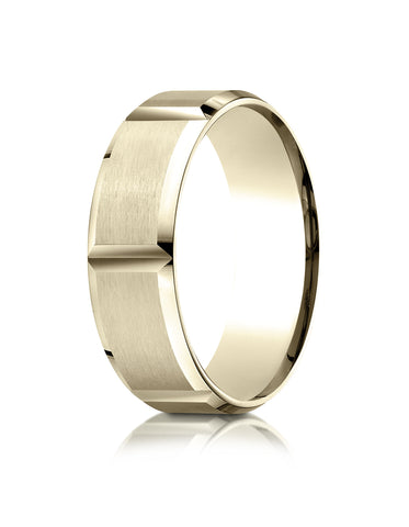 Benchmark 14k Yellow Gold 7mm Comfort-Fit Satin-Finished Grooves Carved Design Band, (Sizes 4-15)