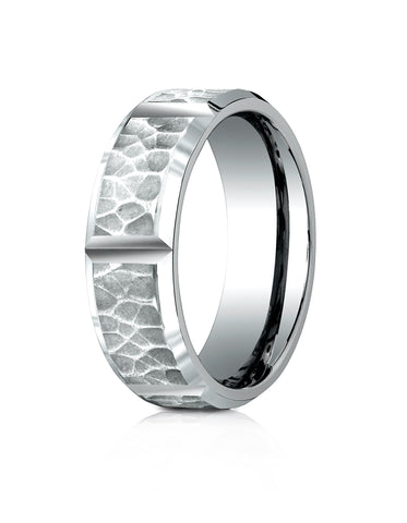 Benchmark 14k White Gold 7mm Comfort-Fit Hammered Finish Grooved Carved Design Band, (Sizes 4-15)