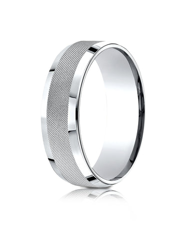 Benchmark 10k White Gold 7mm Comfort-Fit High Polish Round Edge Cross Hatch Center Design Band,(Size 4-15)