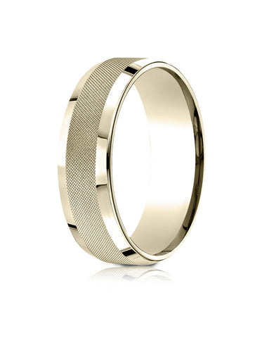 Benchmark 14k Yellow Gold 7mm Comfort-Fit High Polish Round Edge Cross Hatch Center Design Band, (4-15)