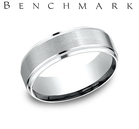 Benchmark Platinum 7mm Comfort-Fit Satin-Finished Drop Beveled Edge Carved Design Wedding Band Ring