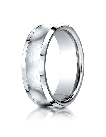 Benchmark 18K White Gold 7.5mm Comfort-Fit Satin-Finished Concave Beveled Edge Design Wedding Band Ring