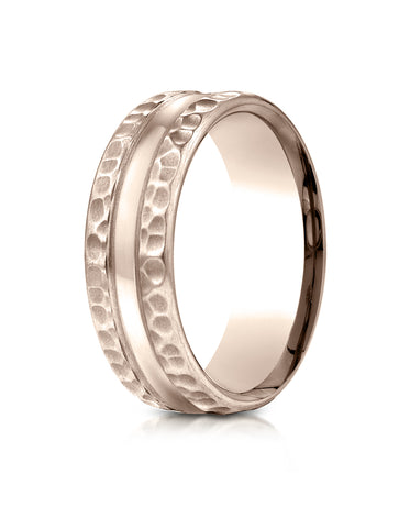 Benchmark 14K Rose Gold 7.5mm Comfort-Fit Hammered Finish Center Cut Design Wedding Band Ring