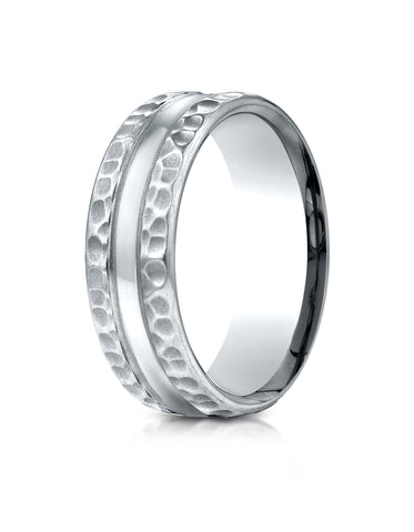 Benchmark 14K White Gold 7.5mm Comfort-Fit Hammered Finish Center Cut Design Wedding Band Ring