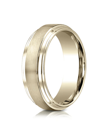 Benchmark 18k Yellow Gold 8mm Comfort-Fit Satin-Finished Step Edge Carved Design Band, (Sizes 4-15)