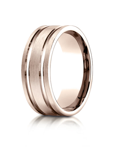 Benchmark 14K Rose Gold 8mm Comfort-Fit Satin-Finished with Parallel Grooves Carved Design Wedding Band
